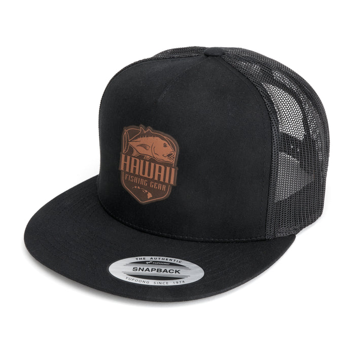 HFG - Ulua Leather Shield Black Flatbill Trucker Hat